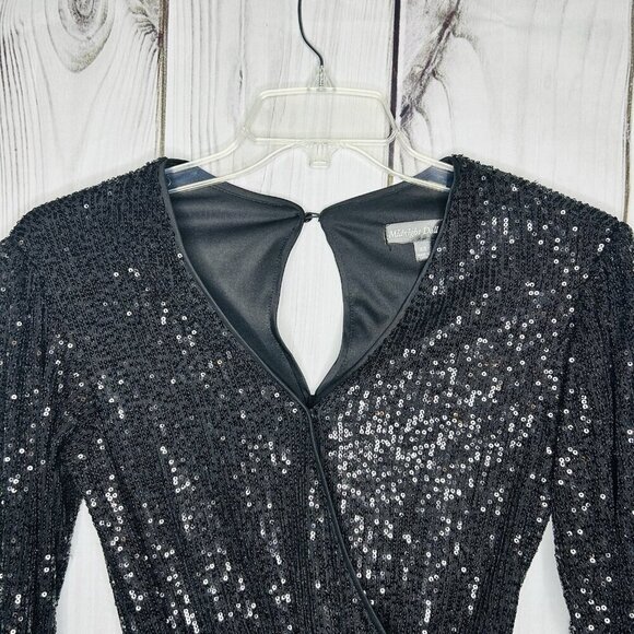 Midnight Doll Black Full Sequin Shorts Romper Tie Waist Sz XS Long Sleeve - Picture 2 of 8